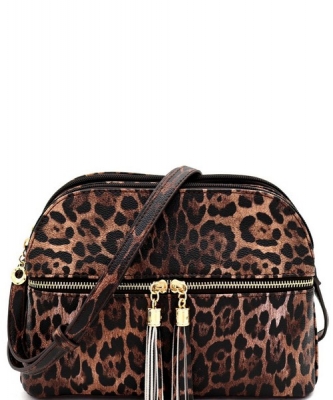 Leopard Zip Tassel Multi Compartment LE050 BROWN